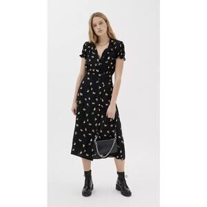 NWT Urban Outfitters Black Butterfly Print Midi Wrap Dress XS Whimsical Goth